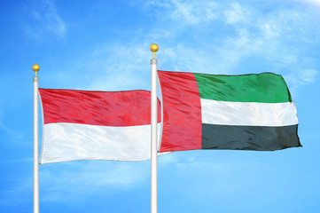 Indonesia and United Arab Emirates two flags on flagpoles and blue cloudy sky