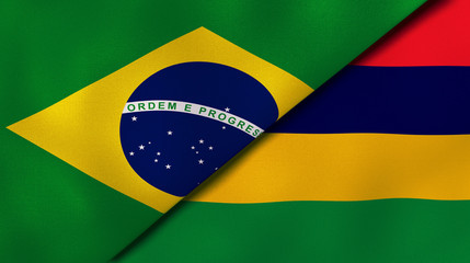 The flags of Brazil and Mauritius. News, reportage, business background. 3d illustration