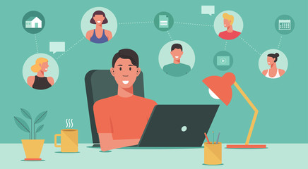 people working online and connecting together on laptop computer, remote working, work from home and work from anywhere and new normal concept, vector flat illustration