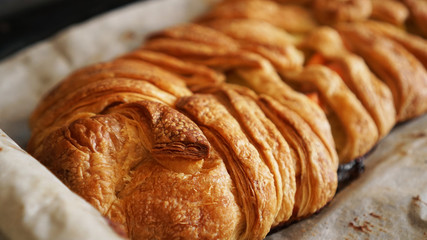 Meat pie with puff pastry. Beautiful golden crust. Crispy Tasty Lunch