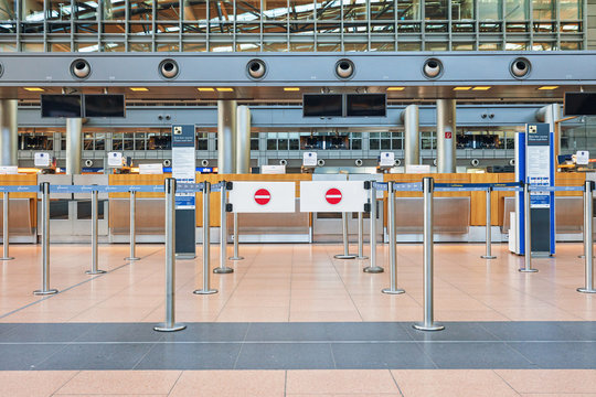 Hamburg, Germany - March 29 2020: Terminal 2, departure floor at airport in Hamburg, empty because of corona virus pandemic