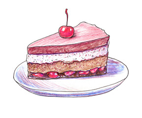 Cherry layered cake with a red berry on top, chocolate biscuit, creamy and cherry layers. Color pencil and ink pen illustration of sweet dessert served on a plate.