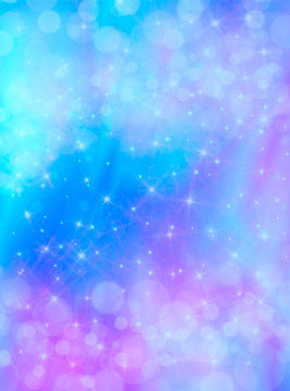 Holographic vector illustration in pastel color. Galaxy fantasy background. The Pastel sky with rainbow for unicorn. Clouds and sky with bokeh. Cute bright pattern for candy.