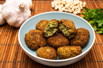 Handmade falafel with chickpeas, parsley and garlic, a Middle Eastern dish