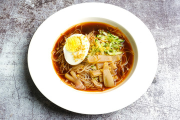 Flatlay of "mee belacan" on the table.
