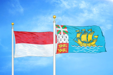 Indonesia and Saint Pierre and Miquelon two flags on flagpoles and blue cloudy sky