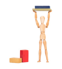 Wooden mannequin carrying wooden blocks