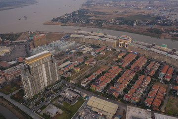 Phnompenh capital of Cambodia on the sunset with beautiful landscape by drone