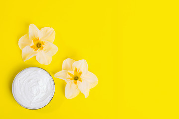 Fototapeta na wymiar Flowers head of daffodil and cosmetic cream in jar on bright yellow background. Skin care concept with natural creams. Top view. Flat lay. Copy space.