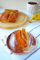 Caramel banana pie on a white background