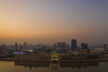 Naklejka premium Phnompenh capital of Cambodia on the sunset with beautiful landscape by drone