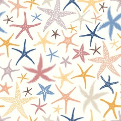 Fototapeta na wymiar Summer seamless pattern with scattered abstract silhouettes starfishes. Vector colorful hand drawn illustration in vintage style on ivory background.