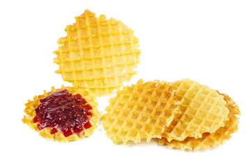 Belgian thick waffles with jam isolated on white