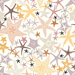 Starfishes colorful, summer seamless pattern with scattered abstract silhouettes sea stars. Vector sunny print on ivory background.