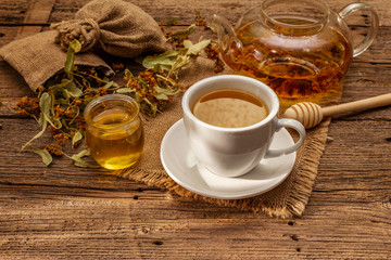 Linden tea. Dry fragrant flowers. Sunny morning breakfast. Hot drink to strengthen the immune system, alternative medicine