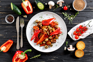 Grilled vegetables with mushrooms and meat. Flat lay