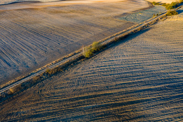 Top view of the plowed land. Agriculture and landscape. Aero