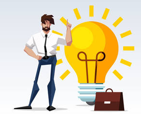 Fototapeta na wymiar Successful beard businessman character holding light bulb. Big idea concept. Symbol of having business inspiration