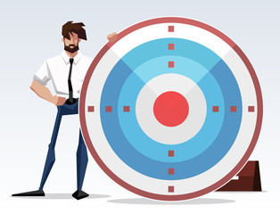 flat design picture illustration with character businessman standing with a big target and arrow. Flat design banner isolated on white background mission accomplished exactly. drawing company director