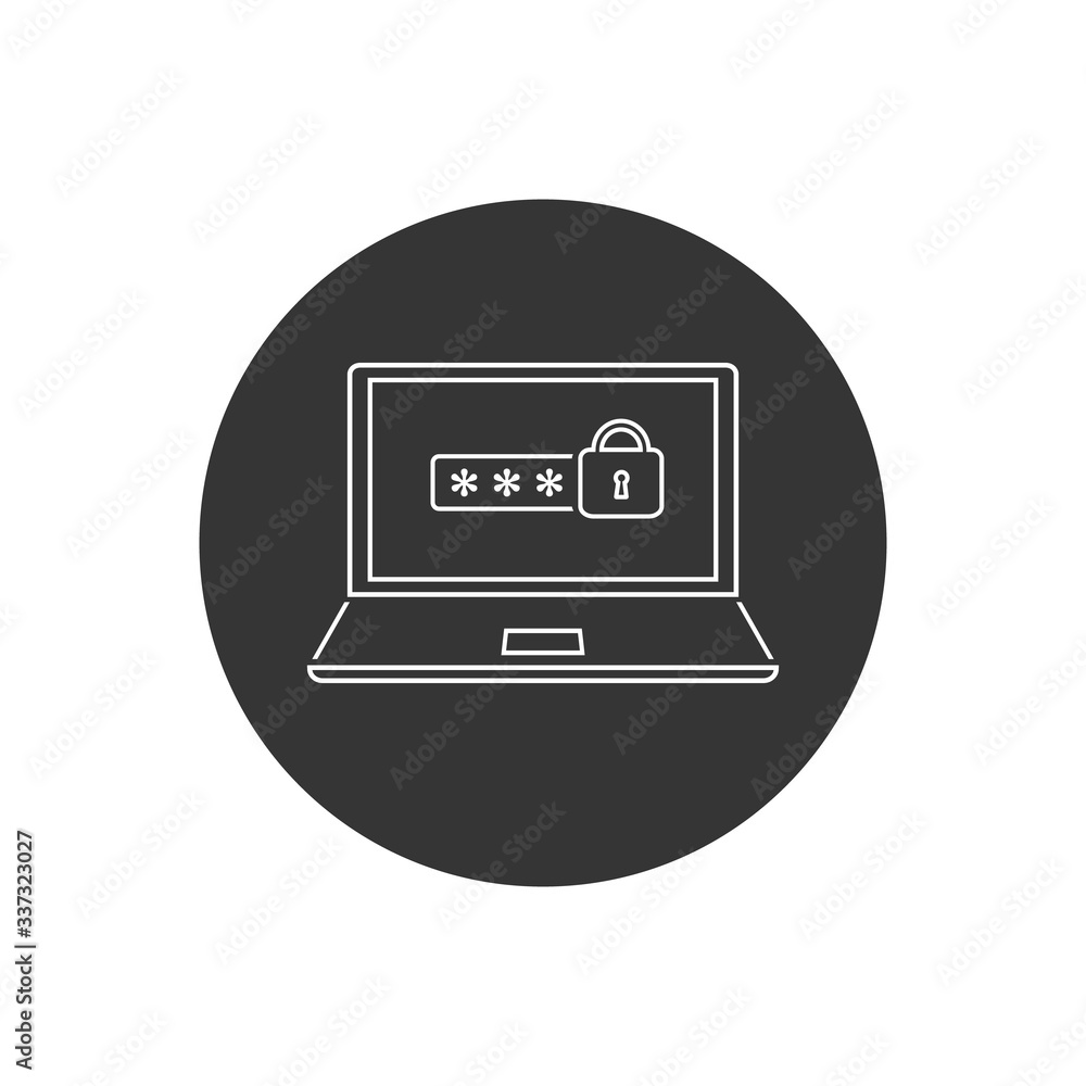 Poster laptop with password notification and lock line icon isolated. concept of security, personal access,