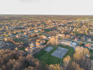 A settlement in the plain. Hajdučica, Serbia. Aerial photography.