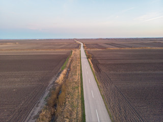 Road in the Serbia plain. Aerial photography.