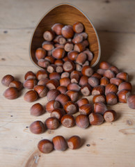 Macro photo Hazelnut nuts.Hazelnuts in a wooden bowl on rustic background