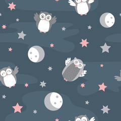 Cute vector pattern with little owls star and moon