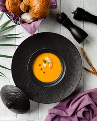 pumpkin soup with shrimp top view