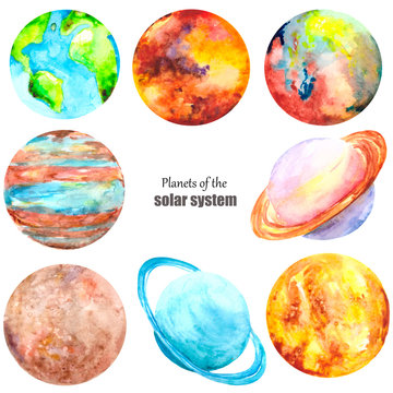 A colorful set with the planets of the Solar system isolated on a white background. Watercolor collection of Earth, mercury, Mars, Venus, Saturn, Uranus, Neptune and Jupiter.
