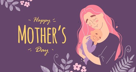 Mothers day greeting card, mother hugs baby