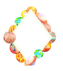 Colorful diamond-shaped frame with the planets of the Solar system and stars on a white background with a space for text. Watercolor postcard with images of mercury, Earth, Mars, Venus, Saturn, Uranus