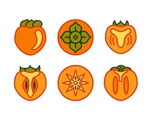 Set of colored persimmon, kaki fruit  icons isolated on white background. Simple flat element. Vector illustration.