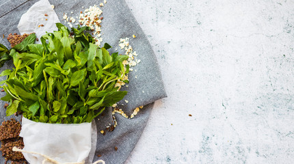 Oraganic fresh green bunch of mint, peppermint on a table. Vegan calming tea herb. Copy space