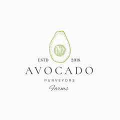 Avocado Purveyors Farm Abstract Vector Sign, Symbol or Logo Template. Hand Drawn Sketch Fruit with Retro Typography. Vintage Luxury Emblem.