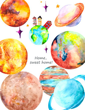 Watercolor planet Earth, our home surrounded by other planets of the solar system: Saturn, Mars, Venus, mercury, Neptune and Uranus on a white background.
