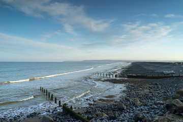 Westward Ho as the waves roll in on the North Devon coast of England