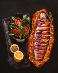 Fish Salmon baked in a dough. The view from the top