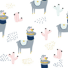 Seamless pattern with llama and cactus. Cute childish print. Vector hand drawn illustration.