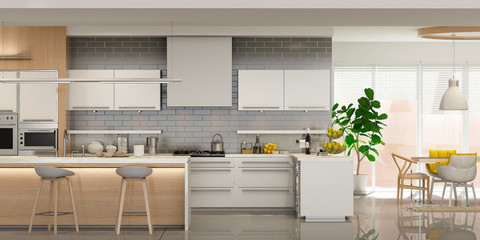 Modern house interior kitchen with living room design. 3D Render	