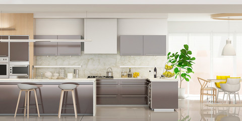 Modern house interior kitchen with living room design. 3D Render	