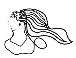 One continuous line drawing of woman with long hair.
Black and white illustration of long hair.