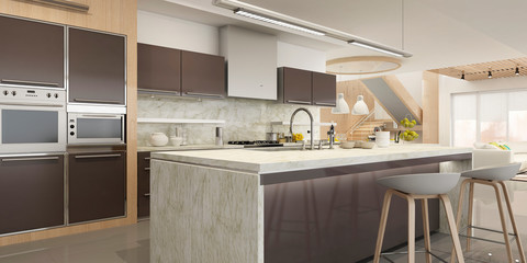 Modern house interior kitchen with living room design. 3D Render	