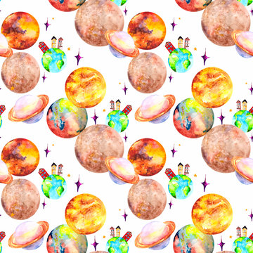 Seamless pattern of space and bright planets: Earth, Saturn, Mars, mercury and Venus with bright houses and stars on a white background. Watercolor illustration for textiles, Wallpapers 