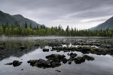 On the shore of a mountain lake, stones and forest. cloudy day, natural light