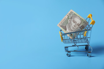 Banknotes Ukrainian hryvnia in the shopping cart on shopping isolated on blue background. close-up of shopping trolley. business concept with copy space. Purchasing power and living wage concept
