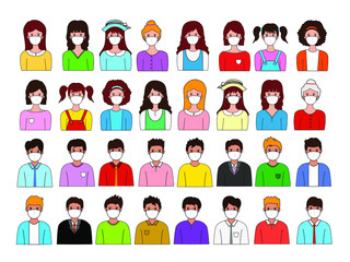 Group of people wearing medical masks to prevent disease, flu, air pollution, contaminated air, world pollution. Vector illustration in a flat style