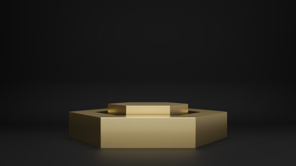 3d render of gold pedestal steps isolated on black background, golden Hexagon stage, abstract minimal concept, blank space, simple clean design, luxury minimalist mockup