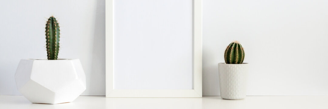 Two cactuses in pots against a white empty wall. Mockup frame. Geometric flower pot. White shelf at home. Panorama