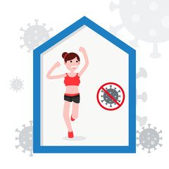 Stay at home. Woman exercise at home. Coronavirus covid-19 pandemic outbreak. Health care and medical.